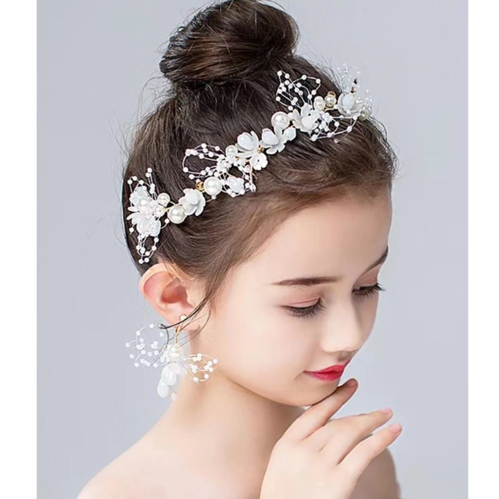 Girl's Pearl & Flower Headband, Bridal, Flower Girl, White Flower Crown & Wrist